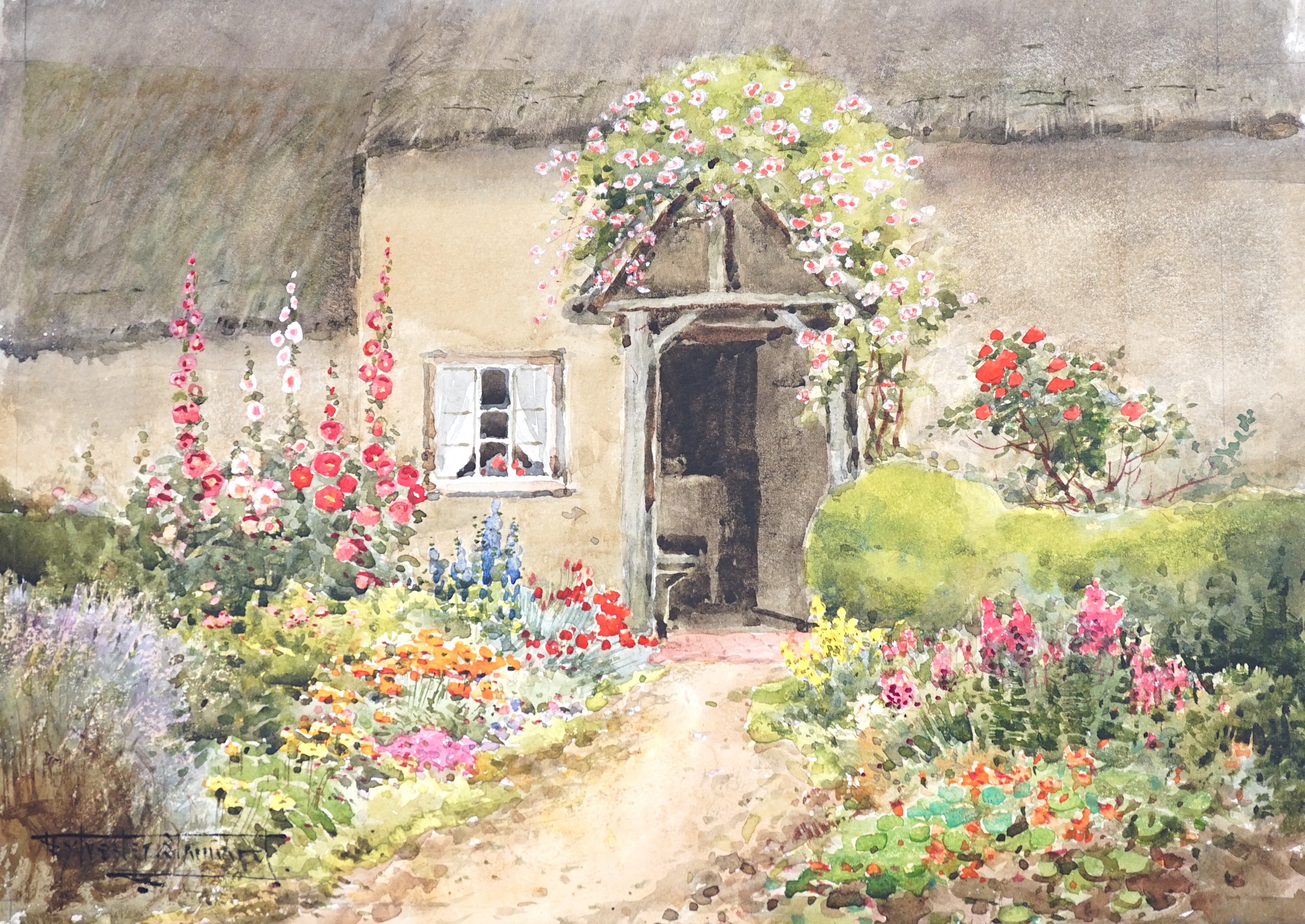 Henry John Sylvester Stannard (1870-1951) , watercolour, 'Granny's Front Door', signed, 28 x 39cm., together with a woodland scene by Arthur E. Arthur, 23 x 32cm, both unframed